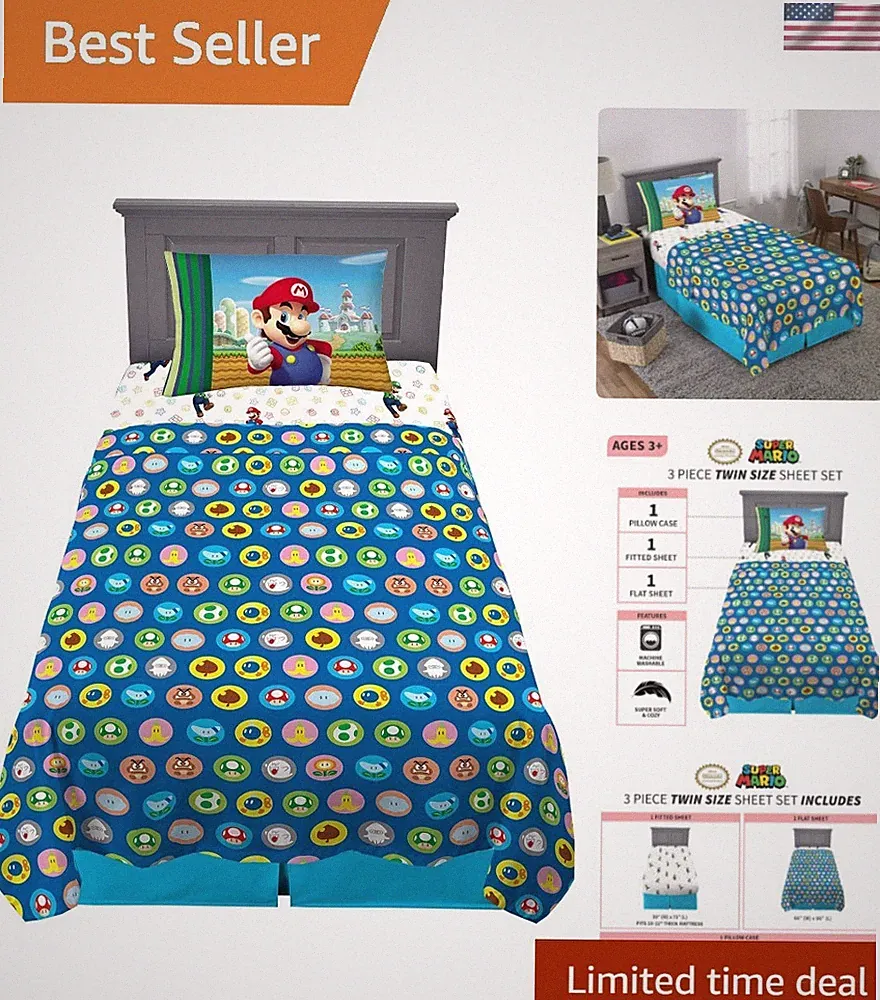 Kids Bed Sheets Microfiber Twin Set Mario Cartoon Deep Pocket Comfort
