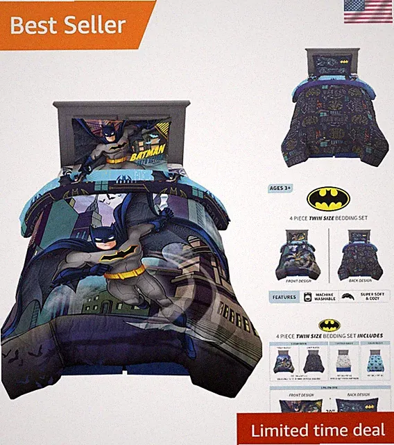 Kids Bedding Reversible Comforter Sheet Set Twin Size Batman Cartoon