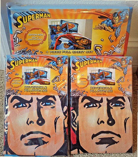 NISP NEW 4 PIECE FULL SIZE DC SUPERMAN SHEET SET W/2 EXTRA STANDARD PILLOWCASES