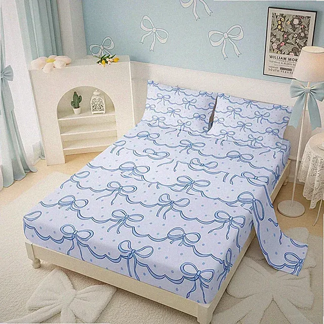 QOOMO Bowknot Bed Sheets Full Size, Blue Bow Bedding Set for Boys, Girls, Teens